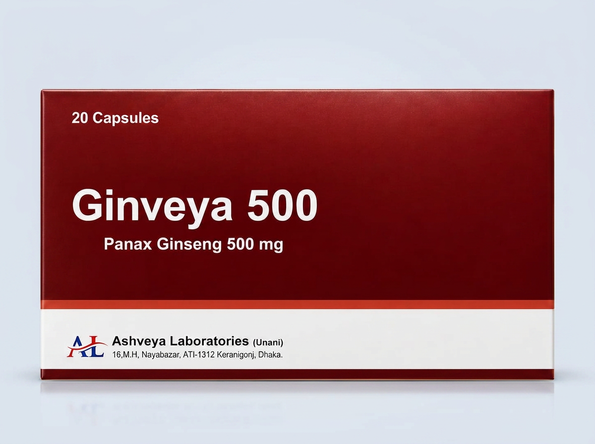 Ginveya 500 Panax ginseng capsule carton on a studio background