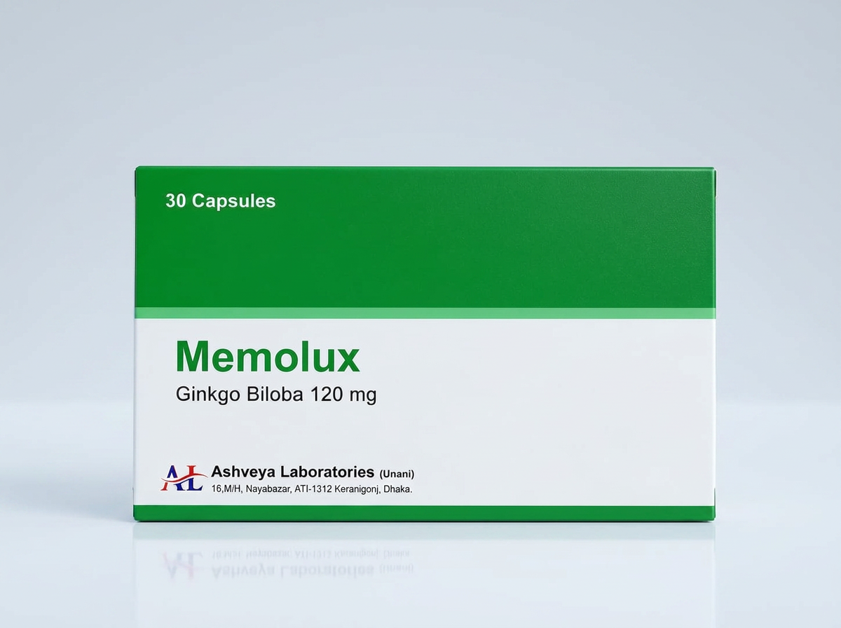 Memolux Ginkgo Biloba capsule carton on a studio background