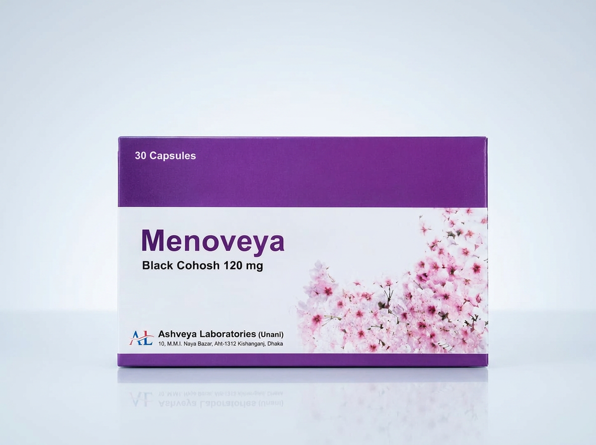 Menoveya black cohosh capsule carton on a studio background