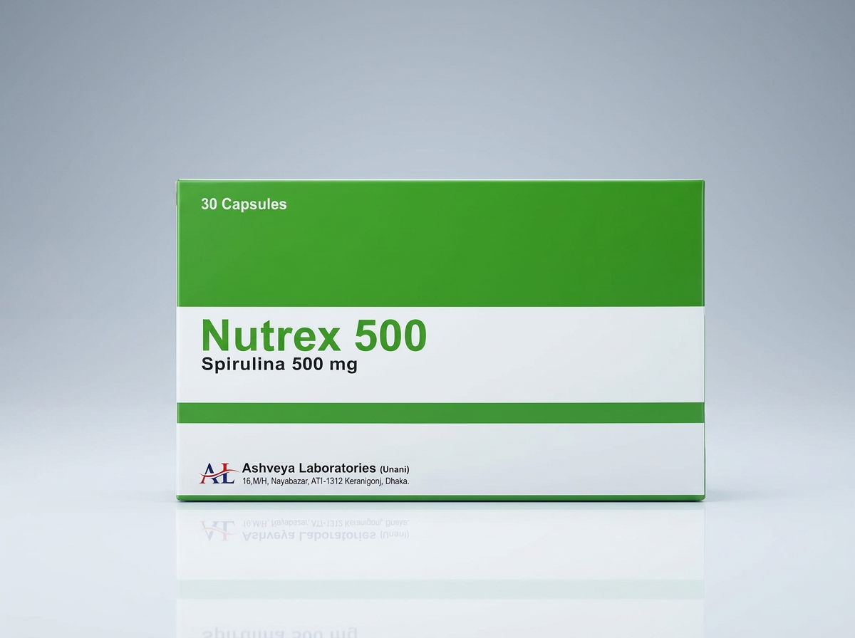 Nutrex 500 spirulina capsule carton on a studio background