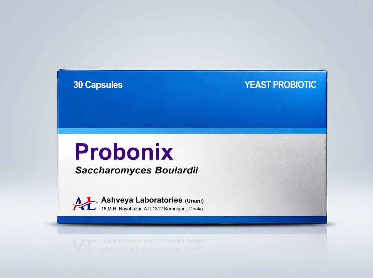 Probonix Saccharomyces Boulardii capsule carton on a studio background